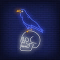 Crow Sitting On Human Skull Neon Sign