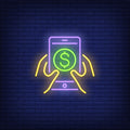 Hands Holding Smartphone With Dollar Symbol Neon Sign