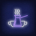 Jezve Turkish Coffee Pot With Steam And Cups Neon Sign