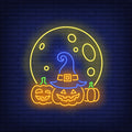 Moon And Pumpkins Neon Sign