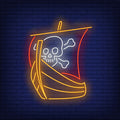 Pirate Ship With Skull And Crossed Bones On Sail Neon Sign