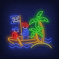 Pirates On Boat And Island With Palm Trees Neon Sign