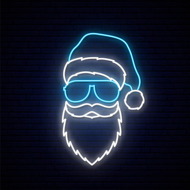 Santa Claus In A Blue Hat And Sunglasses In Neon Sign