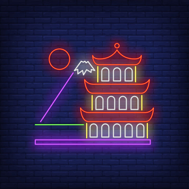 Traditional Japanese Building, Mountain And Sun Neon Sign — make neon sign